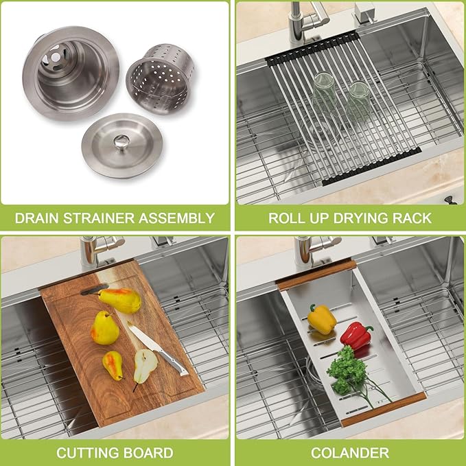 33x22 Drop In Kitchen Sink Workstation - MERYIAO 33 Inch Stainless Steel Sinks Topmount 16 Gauge Single Bowl Above Counter 9" Deep Sinks with Accessories