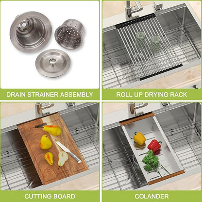 33x22 Drop In Kitchen Sink Workstation - MERYIAO 33 Inch Stainless Steel Sinks Topmount 16 Gauge Single Bowl Above Counter 9" Deep Sinks with Accessories