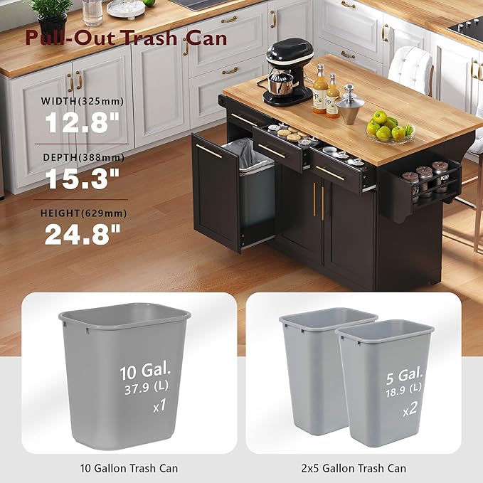 JIJIWANG 59.3" Kitchen Island with Storage 2 Pull Out Cabinet Organizers & Rubber Wood Drop Leaf, Rolling Island with Trash Can Storage, Power Outlet, Spice & Towel Rack for Kitchen, Dining, Black