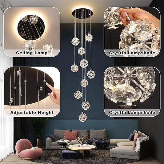 10-Light High Ceilings Long Chandeliers Modern Crystal Staircase Chandelier Hanging Flush Mount Lighting Fixtures for Spiral Staircase,Foyer,Entryway