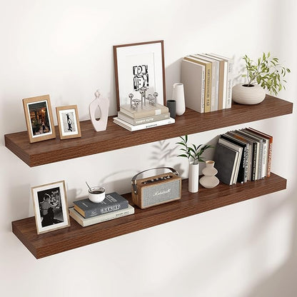 Venusmiles Floating Shelves for Wall, Engineered Wood Wall Shelves with Invisible Brackets for Living Room Bedroom Bathroom Office Kitchen Decor and Storage (Walnut, 48" W x 9" D x 1.5" H) Set of 2