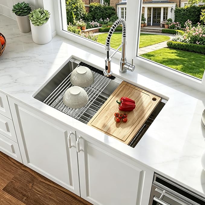 Undermount Kitchen Sink - Oumuch 33 inch Undermount Workstation Sink 16 Gauge Stainless Steel Kitchen Sinks Handmade Single Bowl Under Counter Sinks Basin with Accessories