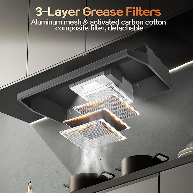 Under Cabinet Range Hood 36 inch, Ducted/Ductless Vent Hood with 2 Speeds Fan, Black Range Hood with Rocker Button Control, Kitchen Hood 280CFM, Bright LED Light