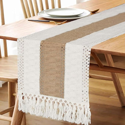 FEXIA Boho Table Runner with Tassels 60 Inches Long Christmas Thanksgiving Farmhouse Rustic Cream & Brown Macrame Table Runner for Home Dining Bedroom Bridal Shower Decor(12x60 Inches)