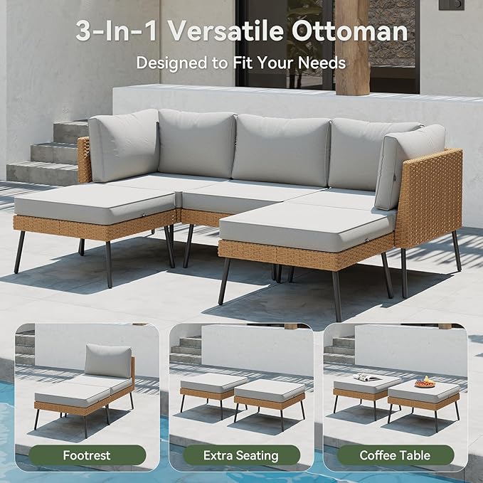 Aoxun 10 Piece Patio Furniture Set, 10 Seats Outdoor Sectional Sofas with Thick Cushion, Wicker Outdoor Patio Furniture Set with Ottomans for Party, Garden, Backyard, Grey