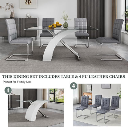 5-Piece Glass Dining Table Set, 63" White Kitchen Table with X-Shape MDF Base, Dining Room Set for 4 with 4 Leather Upholstered Chair for Kitchen, Dining Room (Gray,Silver)