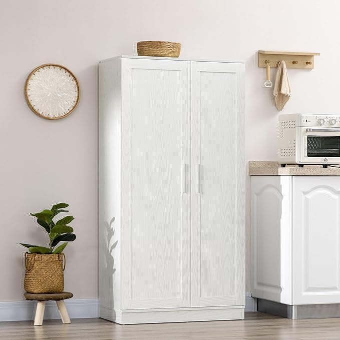 HOMCOM 63" Kitchen Pantry, Freestanding Food Cabinet with 2 Doors and Adjustable Shelves, Storage Cabinet - White