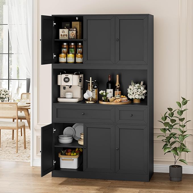 BOTLOG 72" Kitchen Pantry Cabinet, Kitchen Hutch with Microwave Stand, Buffet Cabinet with Hutch for Dining Room, Black