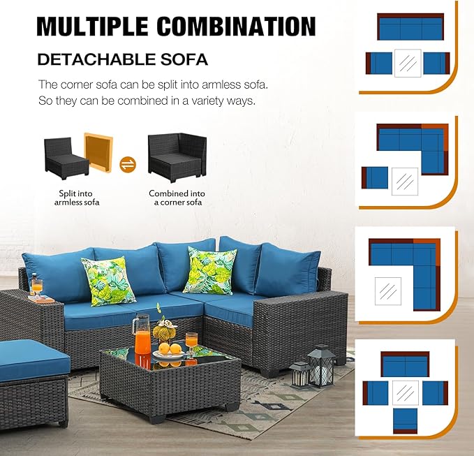 JOYURE 6 Pieces Patio Furniture Set All-Weather Outdoor Wicker Sectional Conversation Sofa Rattan Patio Seating Sofa with Cushion and Glass Table for Porch Poolside,Peacock Blue