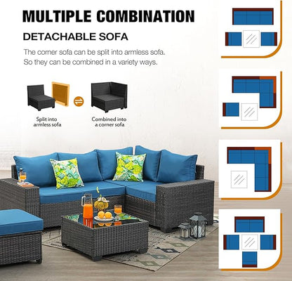 JOYURE 6 Pieces Patio Furniture Set All-Weather Outdoor Wicker Sectional Conversation Sofa Rattan Patio Seating Sofa with Cushion and Glass Table for Porch Poolside,Peacock Blue