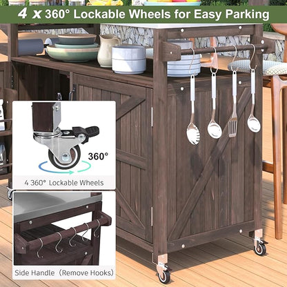 YOPTO 53.3" Outdoor Kitchen Island with Raised Shelf,Solid Wood Grill Cart,Stainless Steel Top,Adjustable Shelf,Spice Rack,Lockable Wheels,Brown