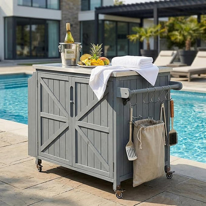JIJIWANG 42.1" Outdoor Kitchen Island with Stainless Steel Top and Side Shelf, Outdoor Grill Cart with Storage Cabinet and Adjustable Shelves, Kitchen Cart on Wheels for Small Spaces Grey Blue