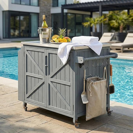 JIJIWANG 42.1" Outdoor Kitchen Island with Stainless Steel Top and Side Shelf, Outdoor Grill Cart with Storage Cabinet and Adjustable Shelves, Kitchen Cart on Wheels for Small Spaces Grey Blue