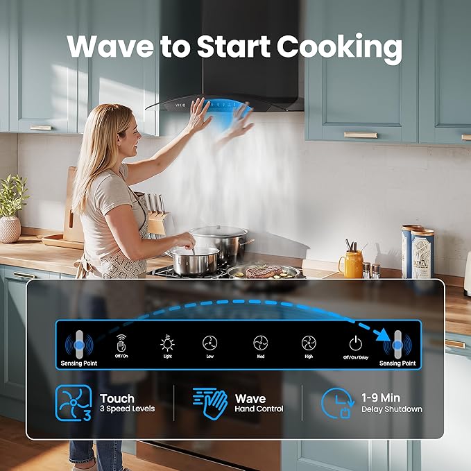 VIKIO HOME Black 30 inch Wall Mounted Range Hood Glass 900 CFM, Stainless Steel Kitchen Hood Vent with Gesture/Touch Controls, 3-Speed Exhaust Fan and Stainless Steel Baffle Filter, 2 LED Lights