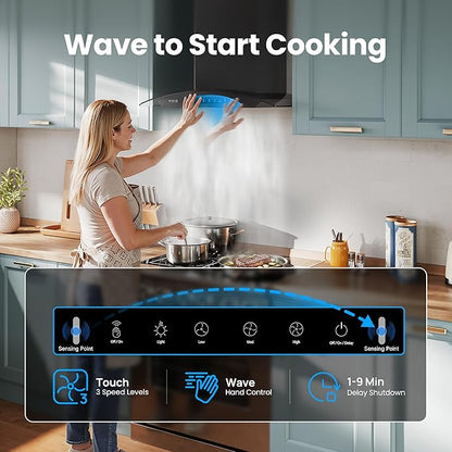 VIKIO HOME Black 30 inch Wall Mounted Range Hood Glass 900 CFM, Stainless Steel Kitchen Hood Vent with Gesture/Touch Controls, 3-Speed Exhaust Fan and Stainless Steel Baffle Filter, 2 LED Lights