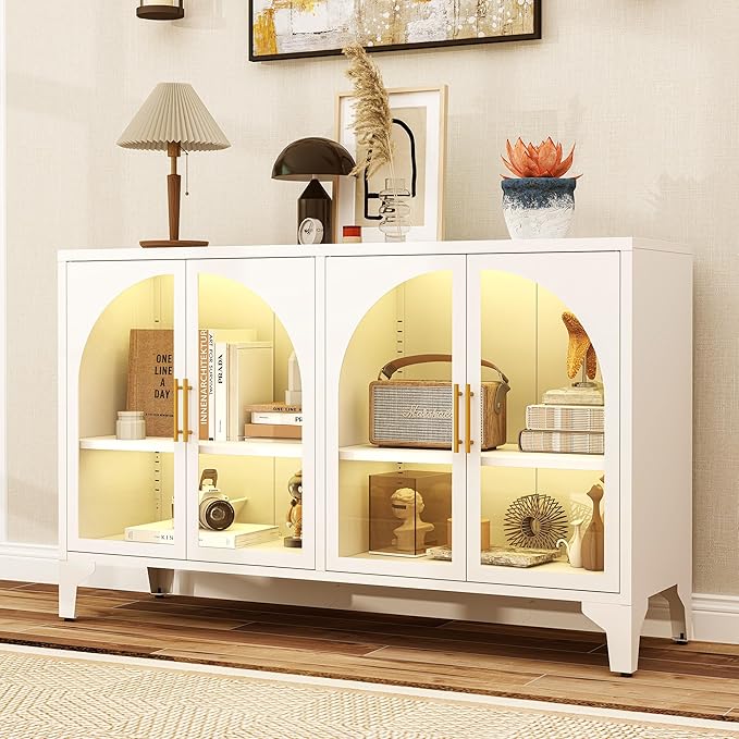 Foreate Arched Sideboard Buffet Cabinet with Storage & LED Light, 53.2" Large Buffet Cabinet with 4 Glass Door & Adjustable Shelf, Modern Farmhouse Sideboard Credenzas Metal Kitchen Buffet, White