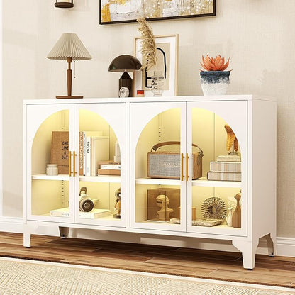 Foreate Arched Sideboard Buffet Cabinet with Storage & LED Light, 53.2" Large Buffet Cabinet with 4 Glass Door & Adjustable Shelf, Modern Farmhouse Sideboard Credenzas Metal Kitchen Buffet, White
