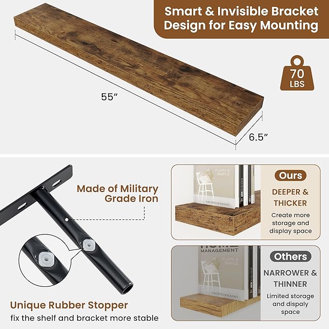 fuqing Floating Shelves for Wall, Wall Mounted Wood Floating Shelf with Invisible Brackets for Living Room, Bathroom, Bedroom, Kitchen Storage and Decor, 55 Inch Set of 2, Rustic Brown
