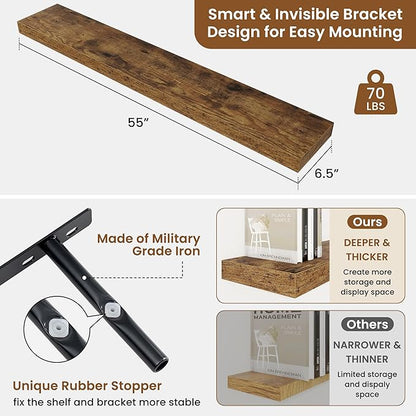 fuqing Floating Shelves for Wall, Wall Mounted Wood Floating Shelf with Invisible Brackets for Living Room, Bathroom, Bedroom, Kitchen Storage and Decor, 55 Inch Set of 2, Rustic Brown