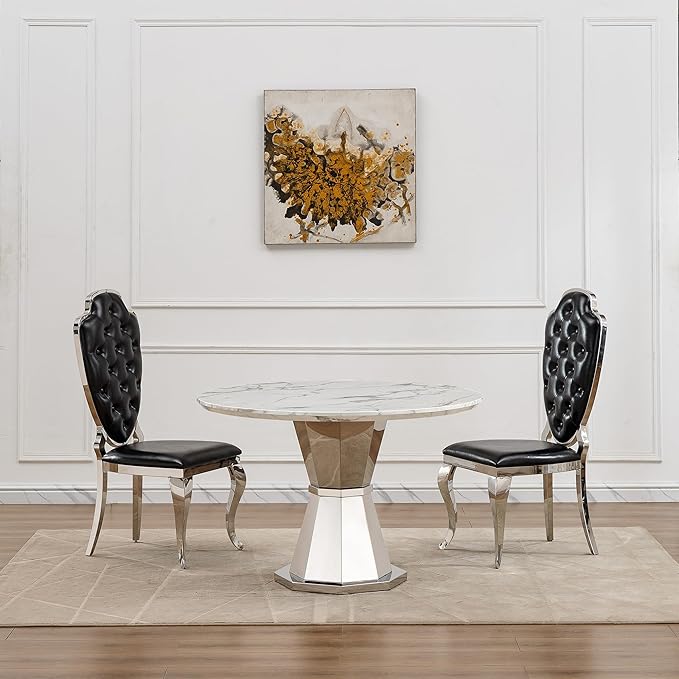 47" Round Marble Dining Table for 4-6, Luxury Modern Kitchen Table with Marble Grain MDF tabletop & Silver Mirrored Stainless Steel Pedestal Base, White Stone Dinner Table for Dining Room (Table Only)