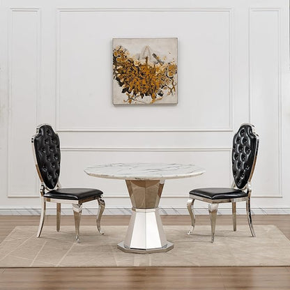 47" Round Marble Dining Table for 4-6, Luxury Modern Kitchen Table with Marble Grain MDF tabletop & Silver Mirrored Stainless Steel Pedestal Base, White Stone Dinner Table for Dining Room (Table Only)