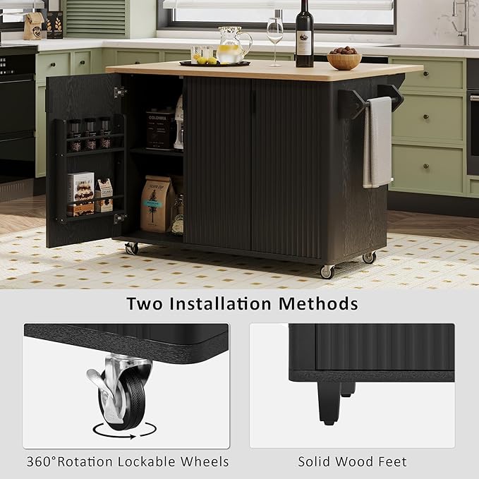 RUNNA Fluted Kitchen Island with Drop Leaf, Farmhouse Accent Kitchen Island on Wheels with Internal Storage Rack,Rolling Cart with Towel Rack,Dining Room,Black Ash (Black@046)