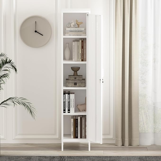Manhattan Comfort Naomi 72.8'' Tall Storage Cabinet, Single Metal Locker with Lock, Adjustable Shelves, Vented Door & Floor Protectors, Modern Garage & Office Organizer, White