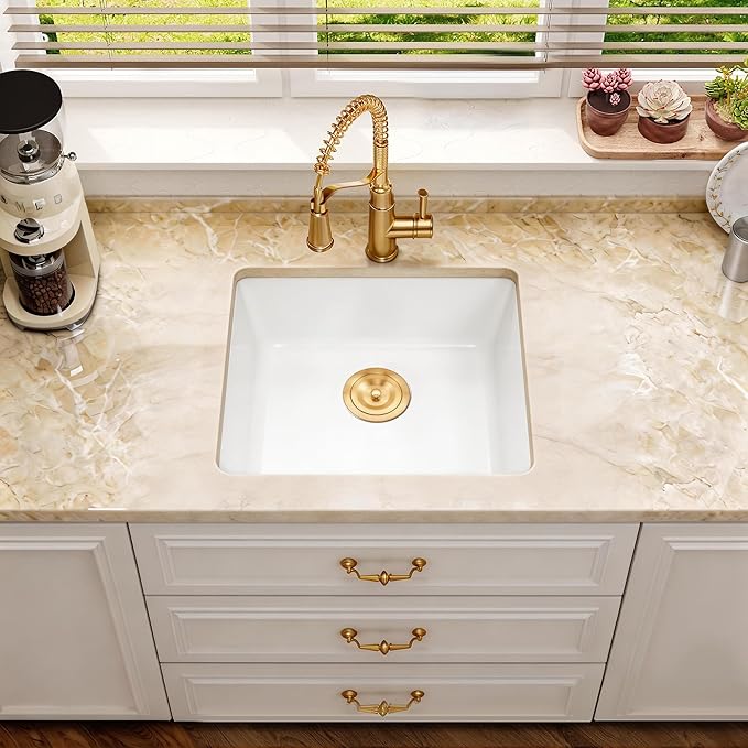 Kitsitchen 15 Inch Small White Bar Sink, Undermount Bar Sink Granite Composite Kitchen Sink 15" x 15", Quartz Stone Kitchen Sink with a Gold Sink Drain Strainer & a Gold Sink Bottom Grid