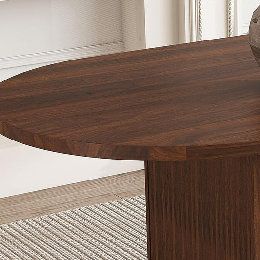63" Water-Resistant Island Table, Rustic Dining Table with Wood Strip Base, Mid Century Dining Table with Spacious Oval Design for Home, Walnut