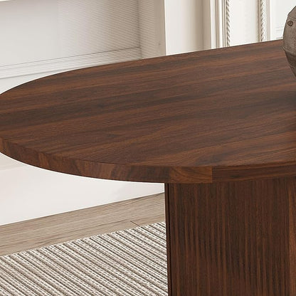 63" Water-Resistant Island Table, Rustic Dining Table with Wood Strip Base, Mid Century Dining Tables with Spacious Oval Design for Living Space, Walnut