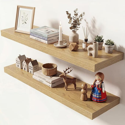Dreamland 36 Inches Floating Shelves for Wall, 9.3" Deep Long Floating Shelves Set of 2, Large Display & Storage Shelf, Wall Shelf for Bathroom Bedroom Living Room Kitchen Office, Oak