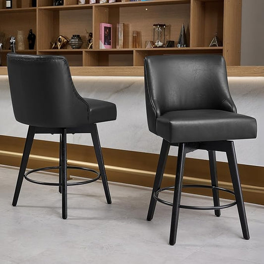Counter Height Bar Stools Set of 2, Swivel Barstools with Backs and Wood Legs, Faux Leather Upholstered Counter Stools for Kitchend Island, Mid-Century Modern 26" Seat Height Bar Chairs, Black