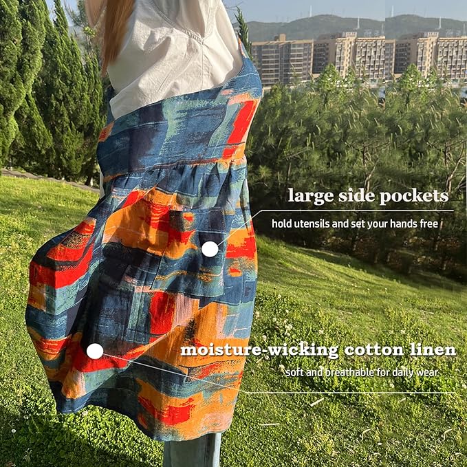 Cityelf Vintage Pinafore Apron Dress Snap Adjust Linen Cotton with Pockets Floral Aprons for Cooking Gardening