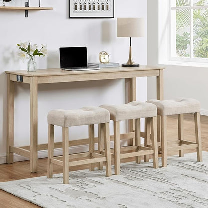 4-Piece Wooden Counter-Table Set with Power Outlet, Industrial Kitchen Dining Tables with 3 Upholstered Stools, 59 Inch Farmhouse Bar Table Chairs w/USB and Type-C Ports, Light Oak