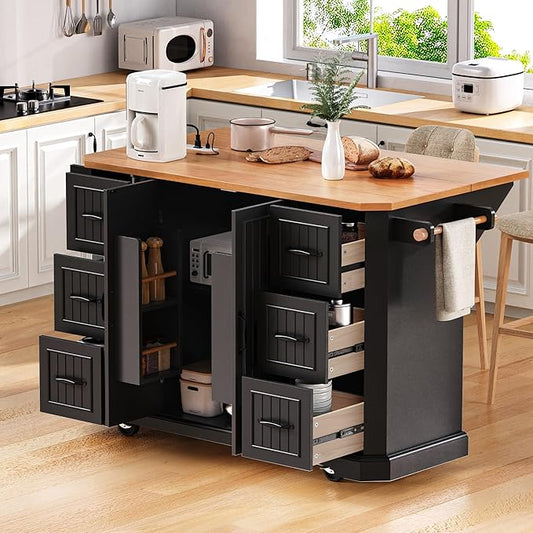 Modern Dining Table 56 Inch Kitchen Island with Drop Power Outlet Counter Wood Console Luxury Living Room,Black-MDF