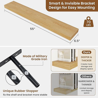 fuqing Floating Shelves for Wall, Wall Mounted Wood Floating Shelf with Invisible Brackets for Living Room, Bathroom, Bedroom, Kitchen Storage and Decor, 55 Inch Set of 2, Oak