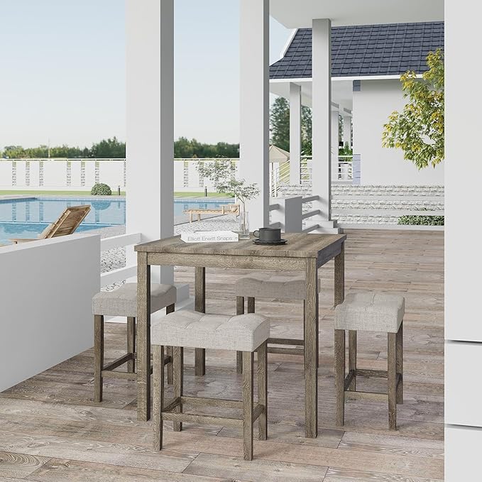 allamazing 5-Piece Counter Dinner Height Table Set, Indoor Modern Rectangular Dining Table Furniture Set for Kitchen, 35 inch Dining Table with 4 stools (1+4 Natural)