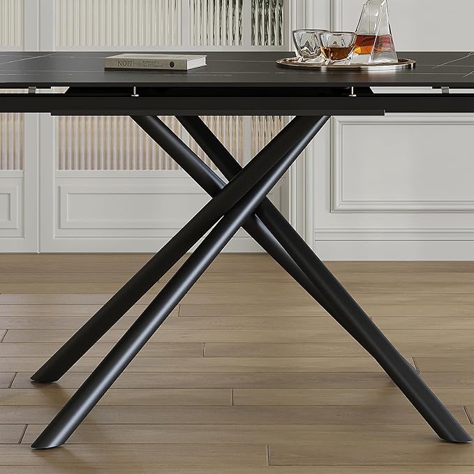 Runboll 47"-71" Extendable Sintered Stone Dining Table for 4 to 8, Modern Rectangular Kitchen Table with Carbon Steel Legs for Dining Room Family Gathering