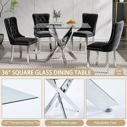 Square Dining Table for 4, 36 Inch Glass Kitchen Table with Silver X Metal Legs, Modern Tempered Glass Dinner Room Table for Small Space Dining Room Kitchen Restaurant