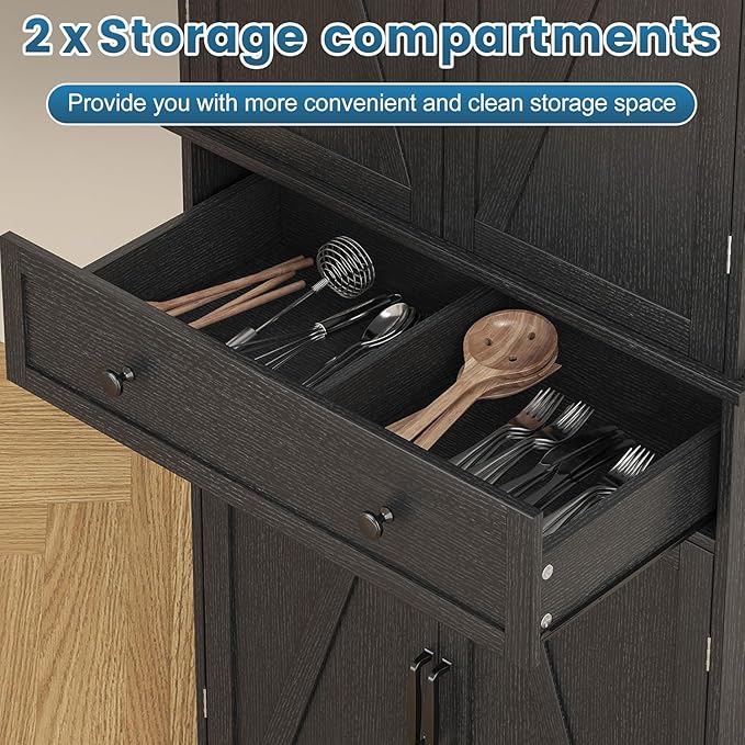 kepptory 72" Tall Kitchen Pantry Cabinet, Black Pantry Storage Cabinet with Adjustable Shelves, Barn Doors and Drawer, Farmhouse Cupboard for Kitchen, Dining Room, Bathroom (16" D x 30" W x 72" H)