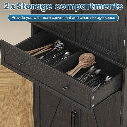 kepptory 72" Tall Kitchen Pantry Cabinet, Black Pantry Storage Cabinet with Adjustable Shelves, Barn Doors and Drawer, Farmhouse Cupboard for Kitchen, Dining Room, Bathroom (16" D x 30" W x 72" H)