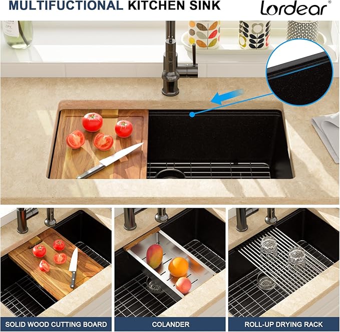 Lordear 32 Inch Black Granite Composite Kitchen Sink 32x19 Inch Workstation Quartz Undermount Kitchen Sinks Under Counter Single Bowl
