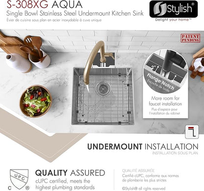 Stylish 19 x 18 Inch Undermount Kitchen Sink 16G Stainless Steel 10mm Radius Corners Single Bowl Kitchen Sinks with Bottom Grid and Luxury Basket Strainer, S-308XG