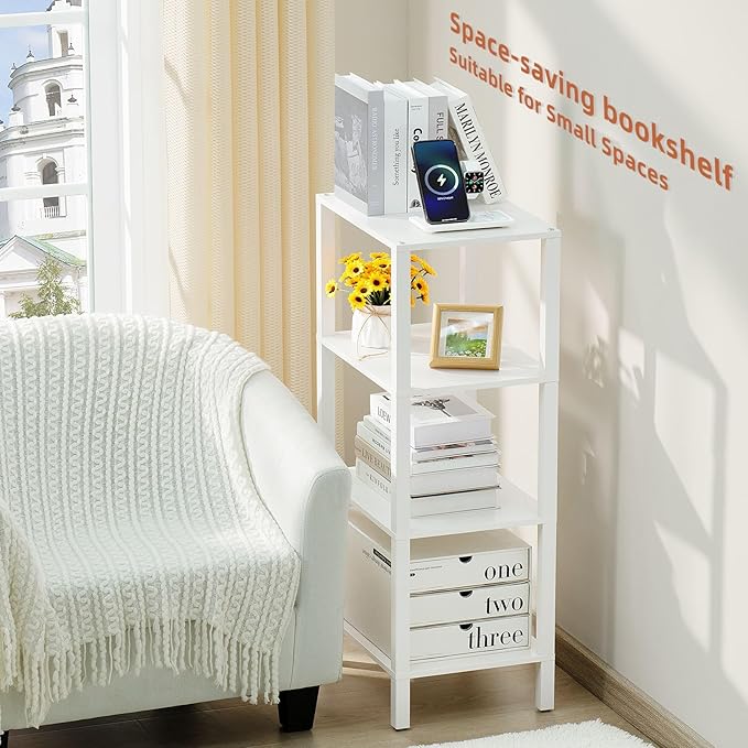 YUFAM 4 Tier Tall Wooden Bookshelf with Storage - Small White Bookcase for Small Spaces, Shelf for Living Room, Office, Bedroom, Kitchen - Industrial Modern Book Shelf