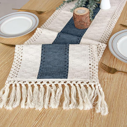 FEXIA Boho Table Runner 108 Inches Long for Home Decor Farmhouse Table Runner Cream & Blue Rustic Macrame with Tassels for Bohemian Dining Bedroom Decor Bridal Shower (12x108 Inches)