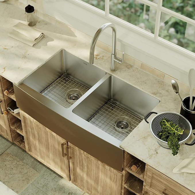 Karran Elite EL-88 Apron-Front Stainless Steel 36 in. 16-Gauge Double Bowl Farmhouse Kitchen Sink Kit