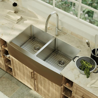 Karran Elite EL-88 Apron-Front Stainless Steel 36 in. 16-Gauge Double Bowl Farmhouse Kitchen Sink Kit