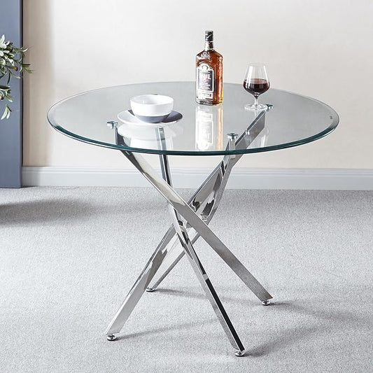 Modern Glass Dining Table Round Dining Room Table with Tempered Glass Top, Silver Stainless Steel Base Home Office Kitchen Dining Room Table Furniture, 36" D x 36" W x 30" H