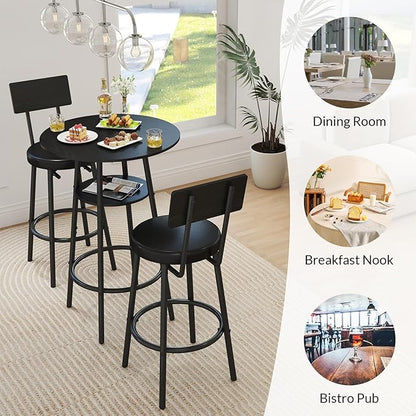 Zevemomo 3 Pieces Round Bar Table Set, Small Dining Table for 2, Black Kitchen Bar Table, Breakfast Table with Storage, 2 Thickened Cushion Stools with Backrest for Dining Room & Bistro-Black
