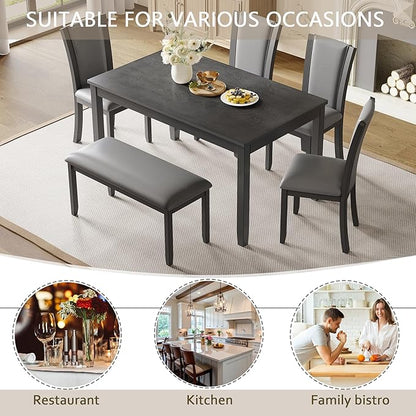 6-Piece Dining Table Set with Bench and Chairs, Wooden Dining Table Set for 6 People, Farmhouse Rustic Kitchen Table Set for Dining Room, Dark Walnut